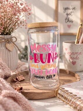 Messy Bun Mom Life Glass Cup w/ Bamboo Lid